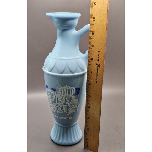 Vintage 1961 Jim Beam Blue Milk Glass Greek Chariots Bottle Empty Decanter - Picture 12 of 13